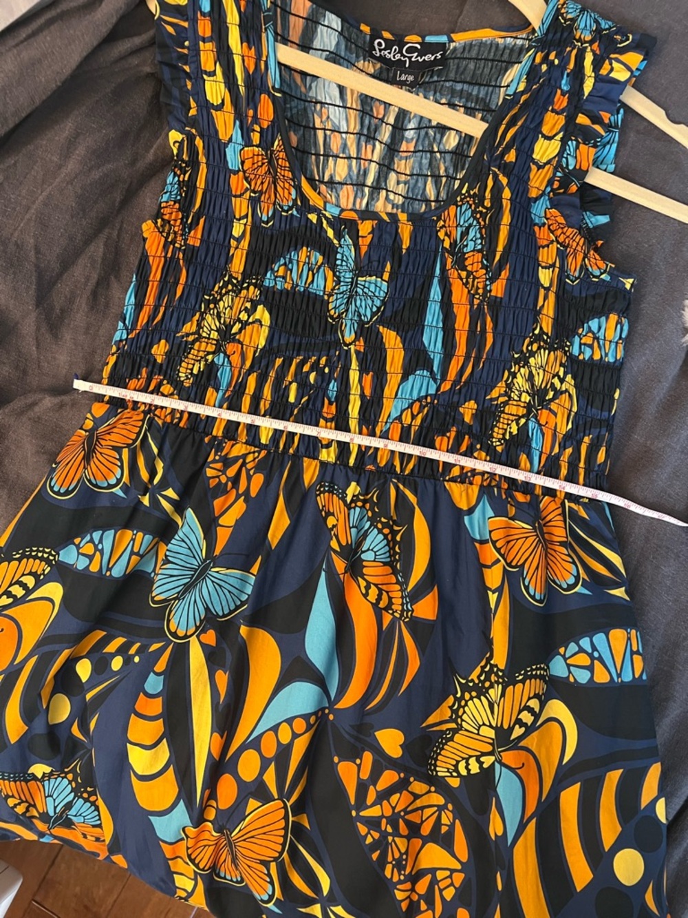 Lesley Evers Nadia Monarch Butterfly Smocked Tiered Midi Dress Pockets - Picture 7 of 8